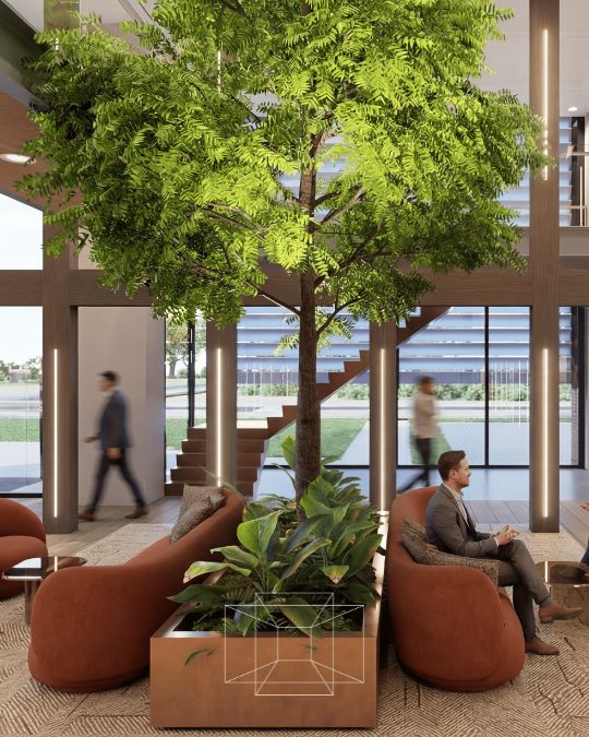 interieurarchitect Wildenberg Boltrics Render kantoor lounge banken