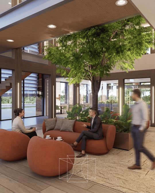 interieurarchitect Wildenberg Boltrics Render kantoor lounge stoeltjes